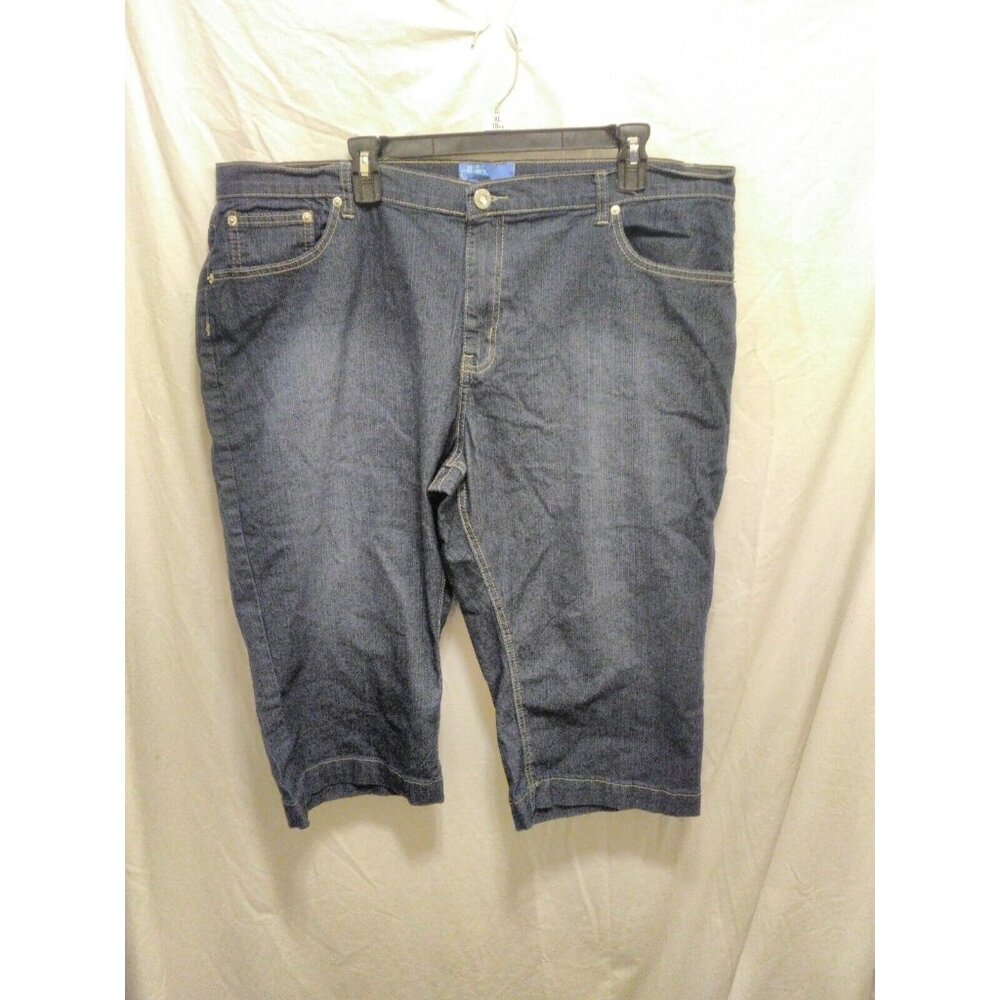 dkin Denim Blue Jean Shorts Embroidered Pockets Button Flap 24W Bermuda Plus